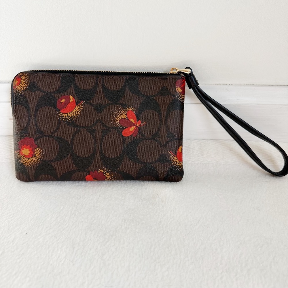 Coach Signature Poppy Floral Corner Zip Wristlet in Brown Black Multi NEW - Picture 3 of 16
